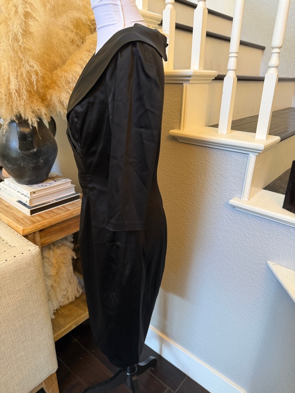 Kay Unger Black Satin Sheath Evening Dress Size 10 Portrait Collar Cocktail - Picture 5 of 8